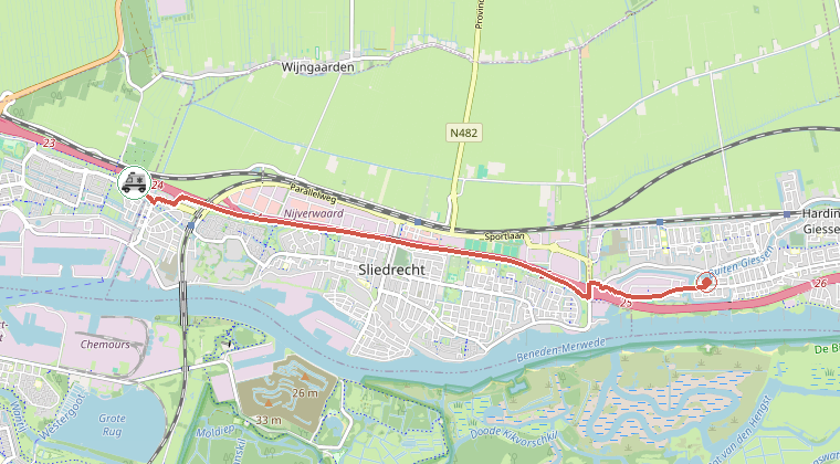 Kaart van de omgeving van de melding, met de kazerne die is gealarmeerd