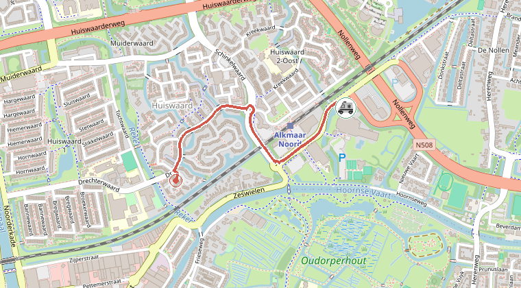 Kaart van de omgeving van de melding, met de kazerne die is gealarmeerd
