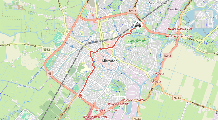 Kaart van de omgeving van de melding, met de kazerne die is gealarmeerd