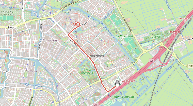 Kaart van de omgeving van de melding, met de kazerne die is gealarmeerd