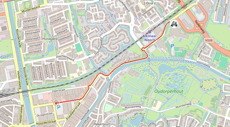 Kaart van de omgeving van de melding, met de kazerne die is gealarmeerd
