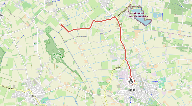 Kaart van de omgeving van de melding, met de kazerne die is gealarmeerd