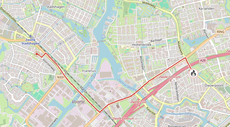 Kaart van de omgeving van de melding, met de kazerne die is gealarmeerd