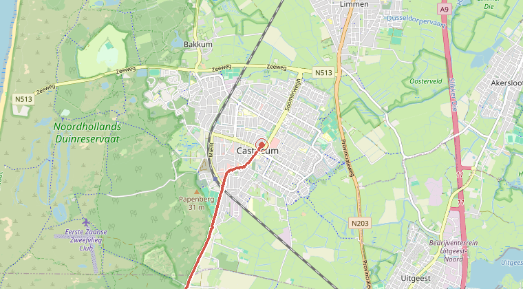 Kaart van de omgeving van de melding, met de kazerne die is gealarmeerd