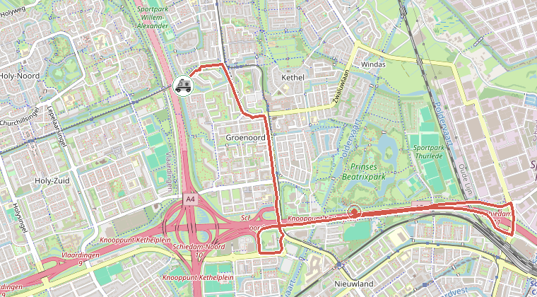 Kaart van de omgeving van de melding, met de kazerne die is gealarmeerd