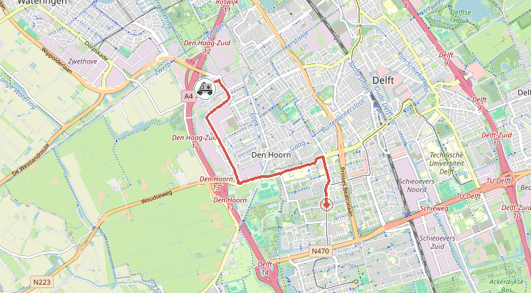 Kaart van de omgeving van de melding, met de kazerne die is gealarmeerd