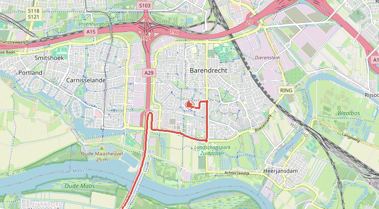 Kaart van de omgeving van de melding, met de kazerne die is gealarmeerd