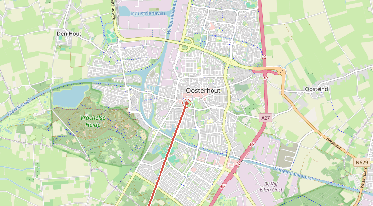 Kaart van de omgeving van de melding, met de kazerne die is gealarmeerd