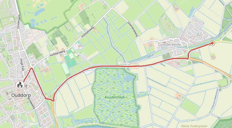 Kaart van de omgeving van de melding, met de kazerne die is gealarmeerd