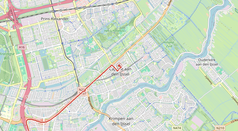 Kaart van de omgeving van de melding, met de kazerne die is gealarmeerd