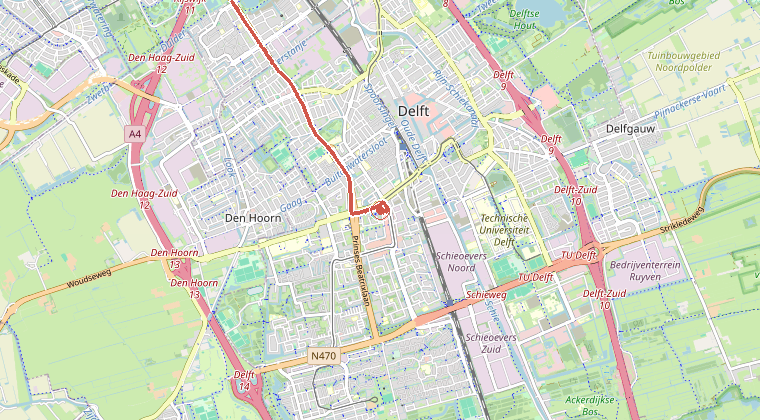 Kaart van de omgeving van de melding, met de kazerne die is gealarmeerd