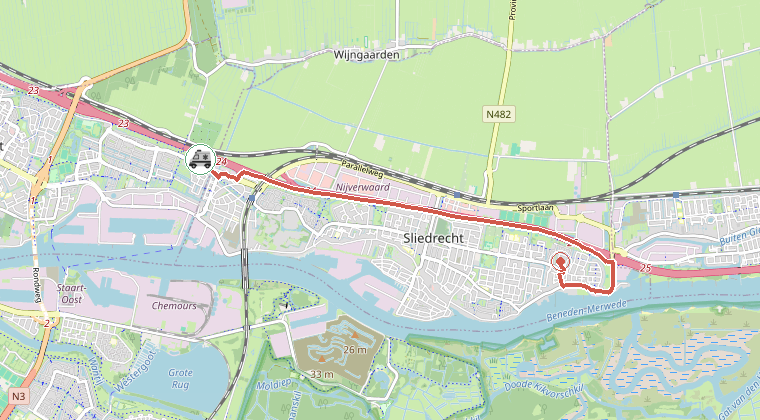 Kaart van de omgeving van de melding, met de kazerne die is gealarmeerd