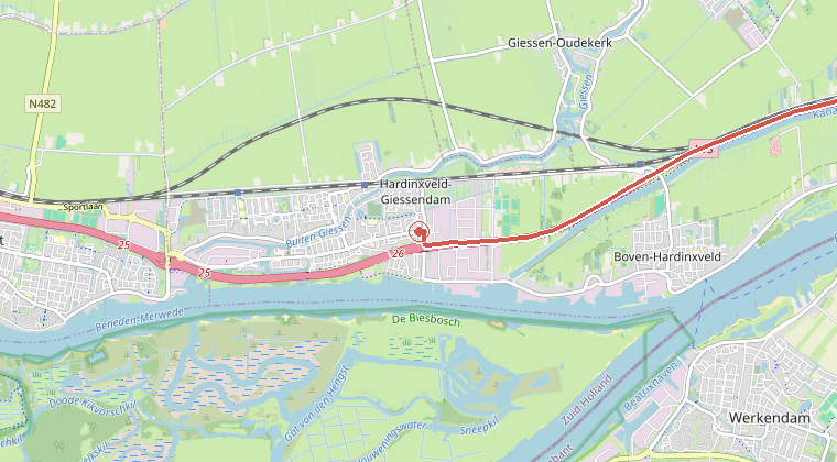 Kaart van de omgeving van de melding, met de kazerne die is gealarmeerd