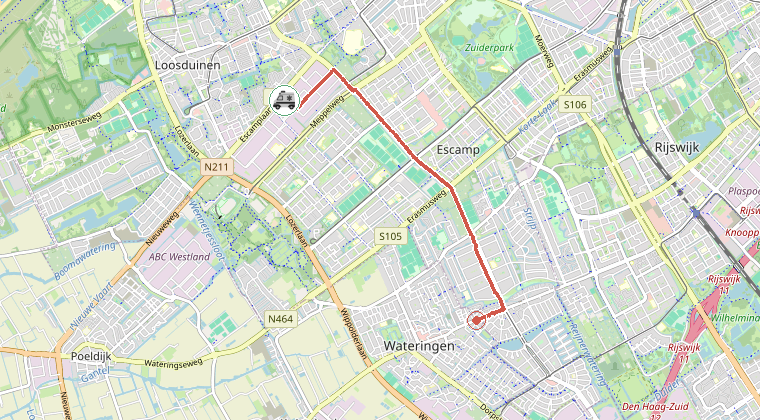 Kaart van de omgeving van de melding, met de kazerne die is gealarmeerd