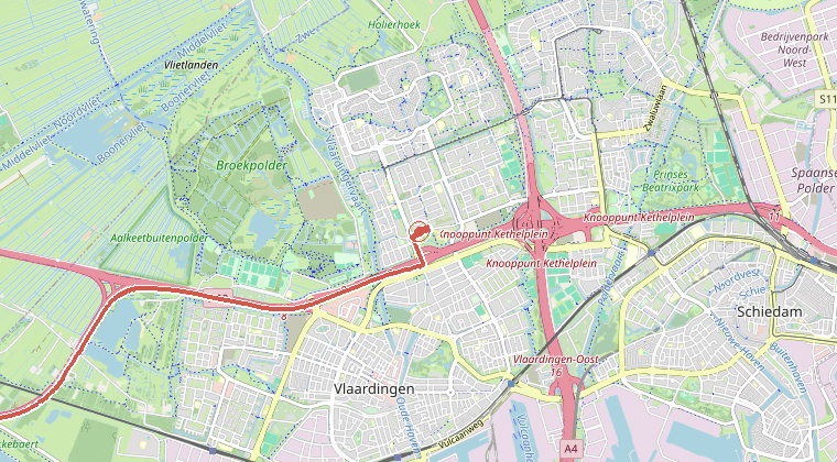 Kaart van de omgeving van de melding, met de kazerne die is gealarmeerd