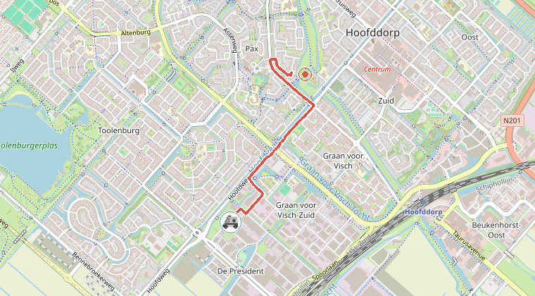 Kaart van de omgeving van de melding, met de kazerne die is gealarmeerd