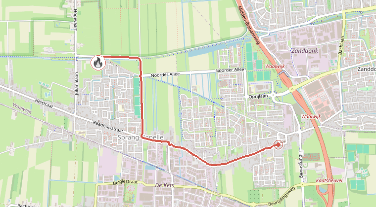 Kaart van de omgeving van de melding, met de kazerne die is gealarmeerd
