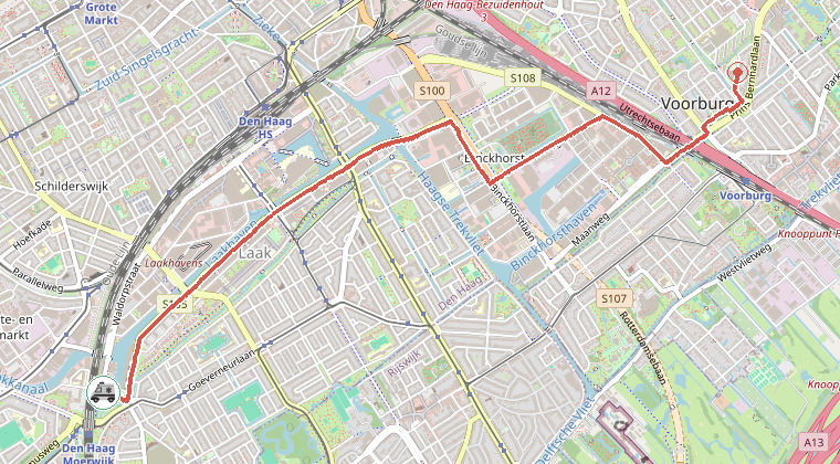 Kaart van de omgeving van de melding, met de kazerne die is gealarmeerd