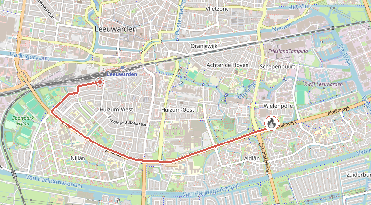 Kaart van de omgeving van de melding, met de kazerne die is gealarmeerd
