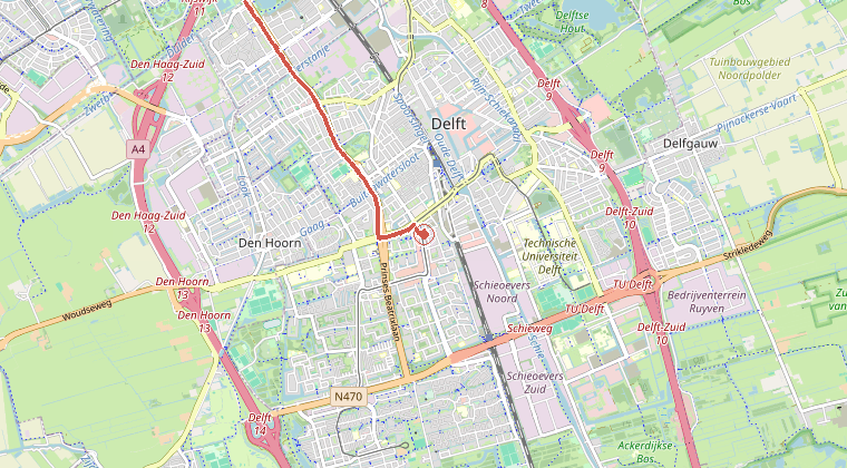 Kaart van de omgeving van de melding, met de kazerne die is gealarmeerd