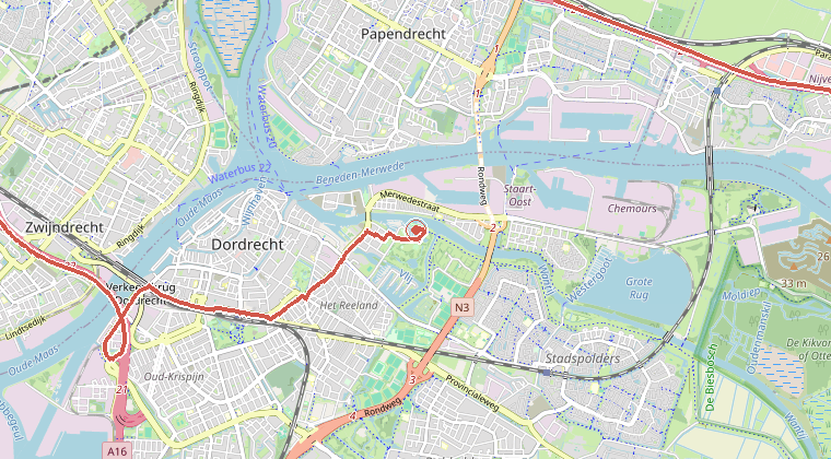 Kaart van de omgeving van de melding, met de kazerne die is gealarmeerd