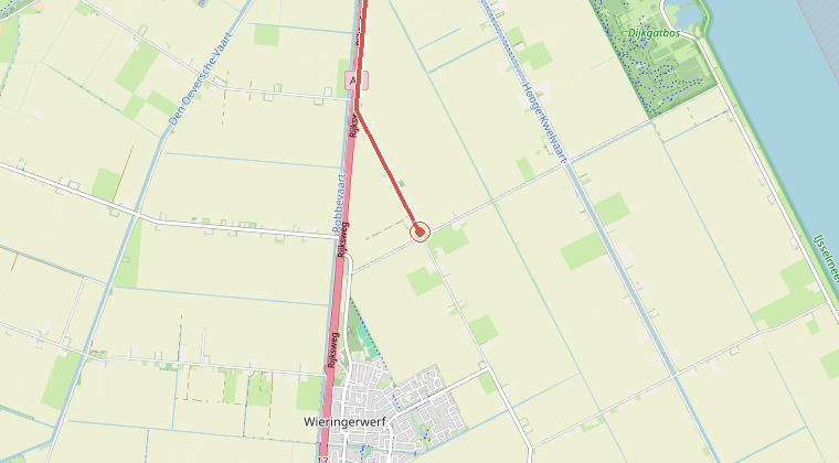 Kaart van de omgeving van de melding, met de kazerne die is gealarmeerd
