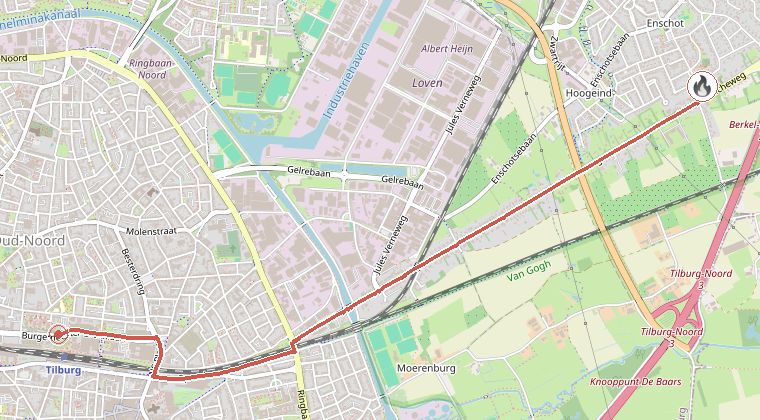 Kaart van de omgeving van de melding, met de kazerne die is gealarmeerd