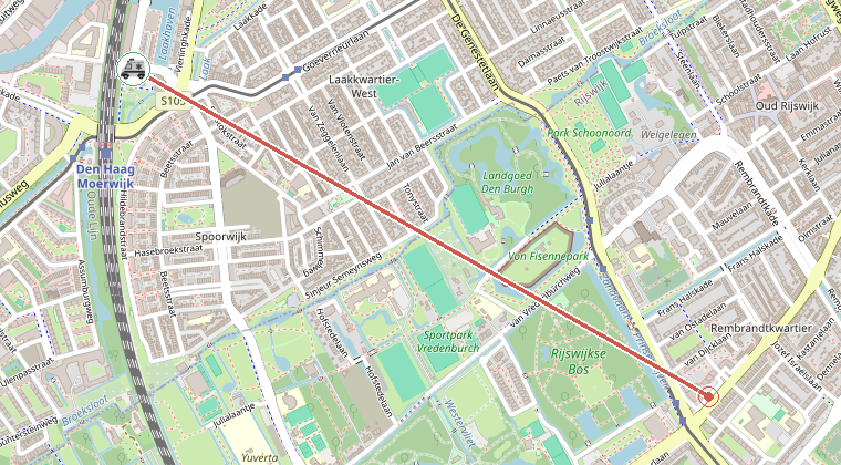 Kaart van de omgeving van de melding, met de kazerne die is gealarmeerd