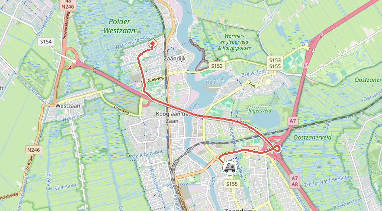 Kaart van de omgeving van de melding, met de kazerne die is gealarmeerd