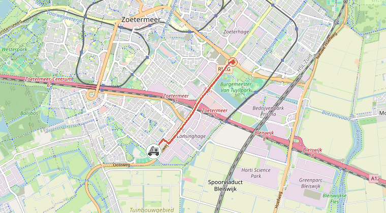 Kaart van de omgeving van de melding, met de kazerne die is gealarmeerd