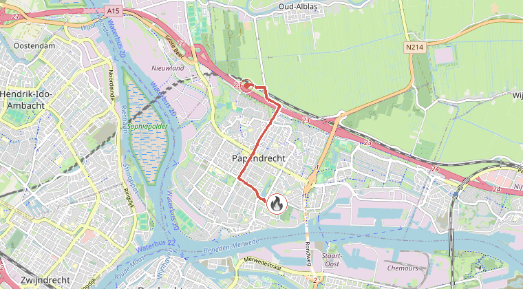 Kaart van de omgeving van de melding, met de kazerne die is gealarmeerd