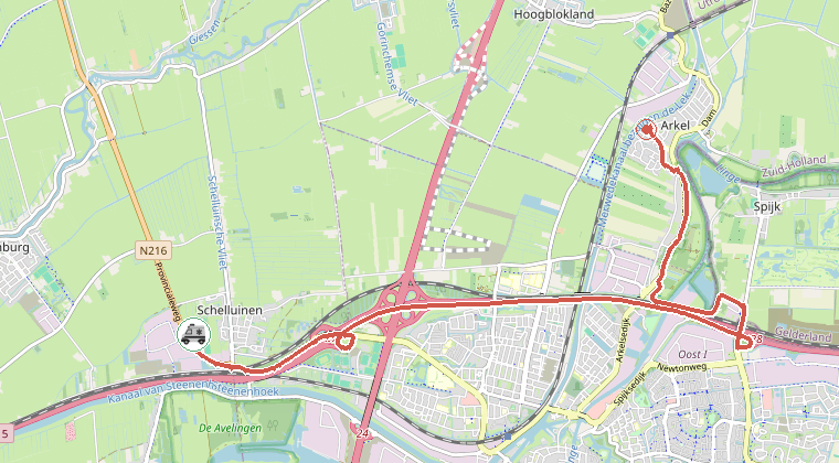 Kaart van de omgeving van de melding, met de kazerne die is gealarmeerd
