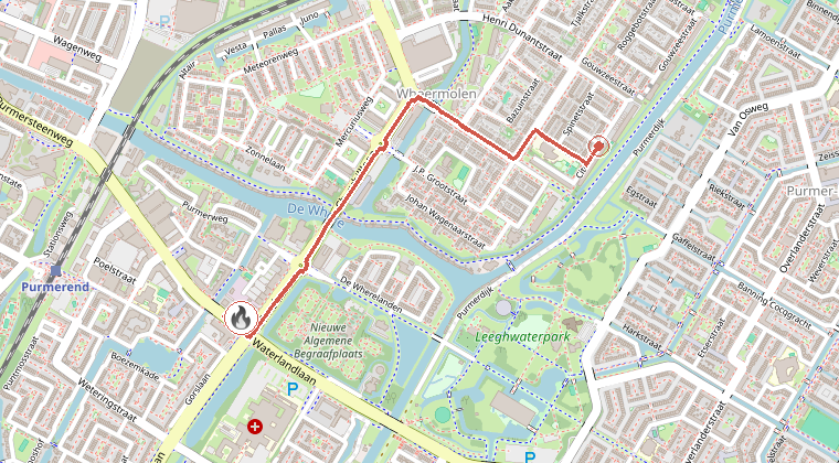 Kaart van de omgeving van de melding, met de kazerne die is gealarmeerd