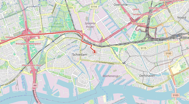Kaart van de omgeving van de melding, met de kazerne die is gealarmeerd