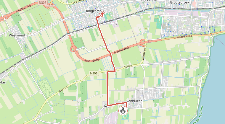 Kaart van de omgeving van de melding, met de kazerne die is gealarmeerd