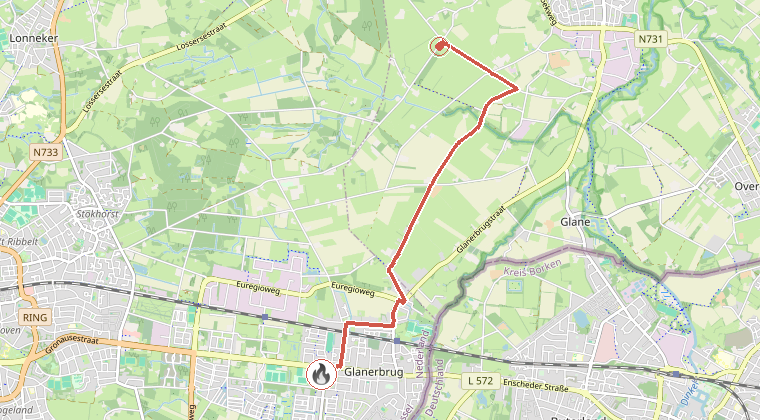 Kaart van de omgeving van de melding, met de kazerne die is gealarmeerd