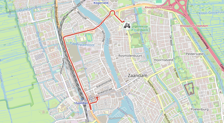 Kaart van de omgeving van de melding, met de kazerne die is gealarmeerd