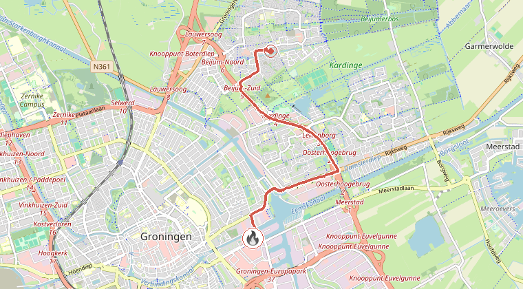 Kaart van de omgeving van de melding, met de kazerne die is gealarmeerd