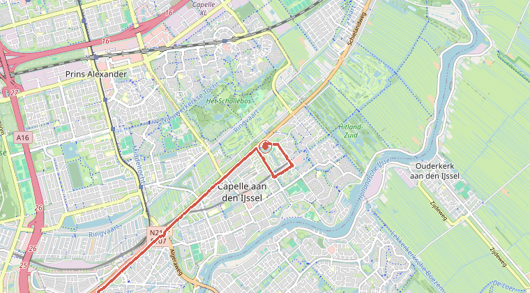 Kaart van de omgeving van de melding, met de kazerne die is gealarmeerd
