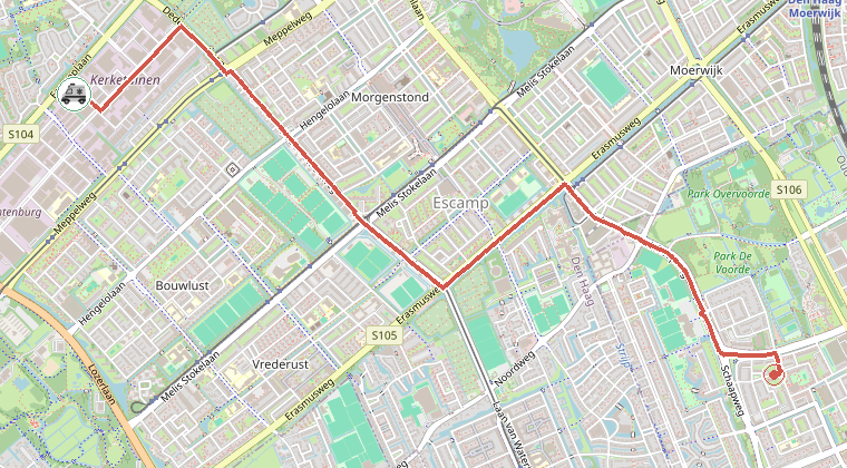 Kaart van de omgeving van de melding, met de kazerne die is gealarmeerd