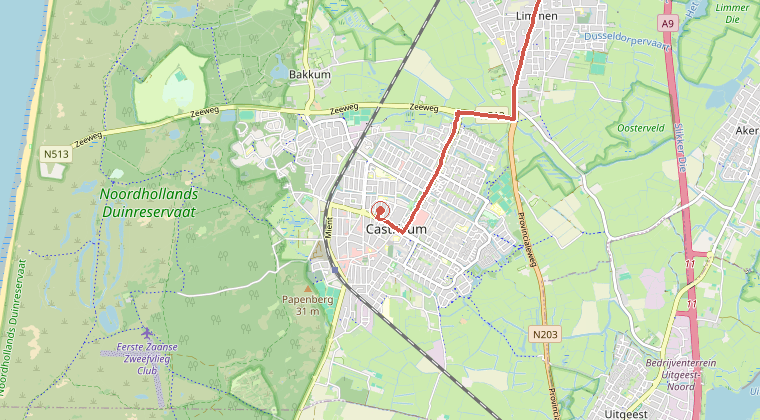 Kaart van de omgeving van de melding, met de kazerne die is gealarmeerd