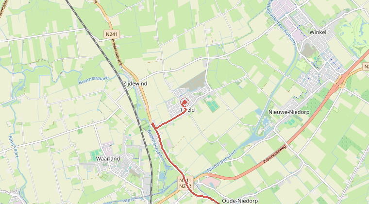 Kaart van de omgeving van de melding, met de kazerne die is gealarmeerd