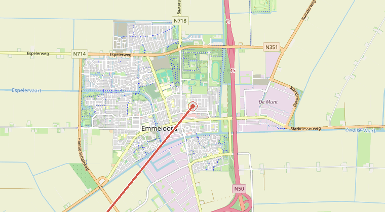 Kaart van de omgeving van de melding, met de kazerne die is gealarmeerd