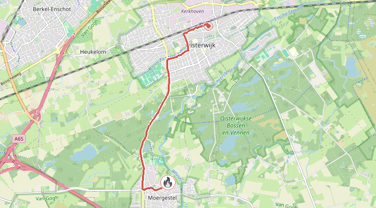 Kaart van de omgeving van de melding, met de kazerne die is gealarmeerd