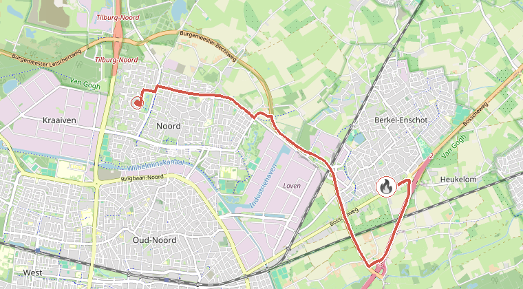 Kaart van de omgeving van de melding, met de kazerne die is gealarmeerd