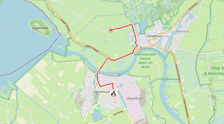 Kaart van de omgeving van de melding, met de kazerne die is gealarmeerd