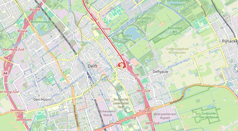 Kaart van de omgeving van de melding, met de kazerne die is gealarmeerd