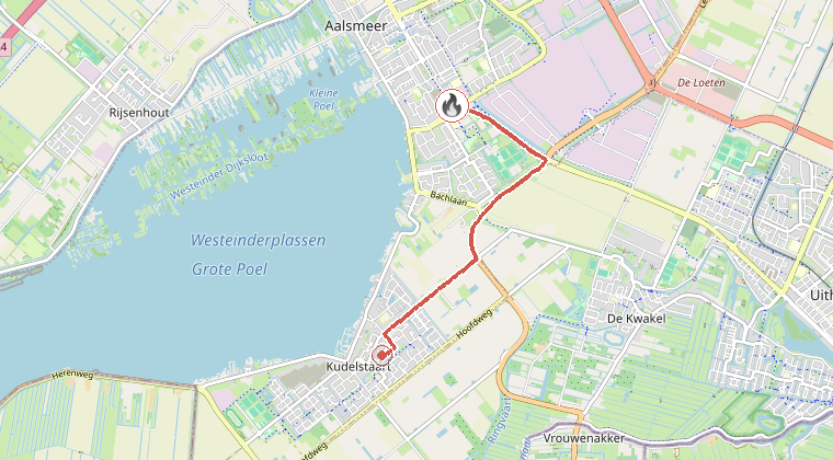 Kaart van de omgeving van de melding, met de kazerne die is gealarmeerd