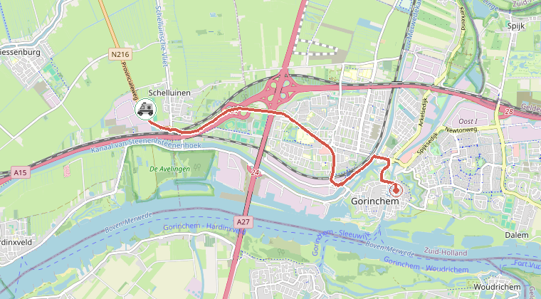 Kaart van de omgeving van de melding, met de kazerne die is gealarmeerd