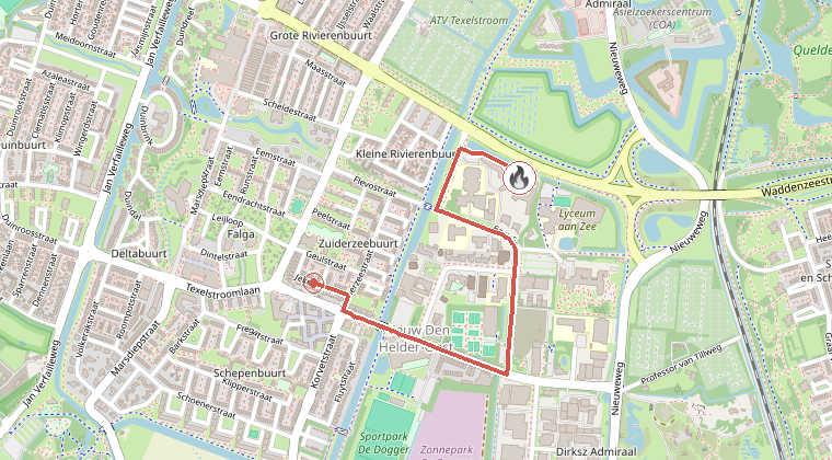 Kaart van de omgeving van de melding, met de kazerne die is gealarmeerd